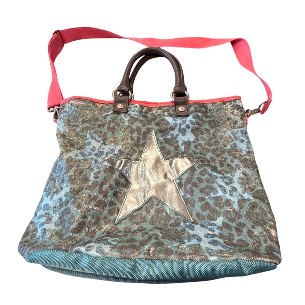 George Gina & Lucy Hopper Tote Bag Blue Leopard Silver Star Crossbody Handbag